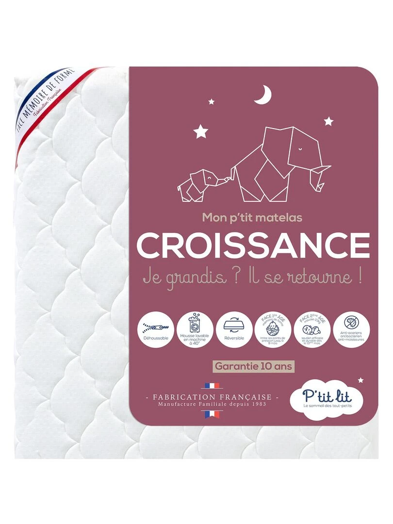 P'tit Lit Matelas Bébé/Enfant Croissance 70x140 cm Déhoussable Blanc