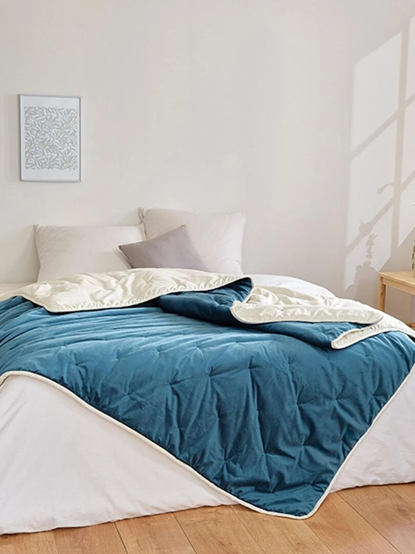 Jeté de lit réversible en velours et microfibre Bleu canard