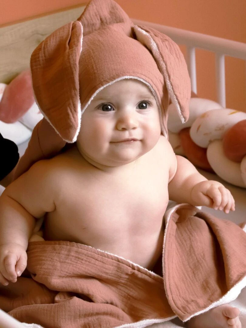 Cape  sortie de bain intérieur 100 % coton   Lapin   Monsieur Bébé   Rose