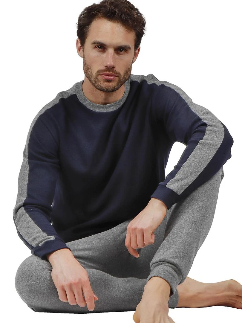 Pyjama pantalon et haut manches longues Solid   Bleu marine