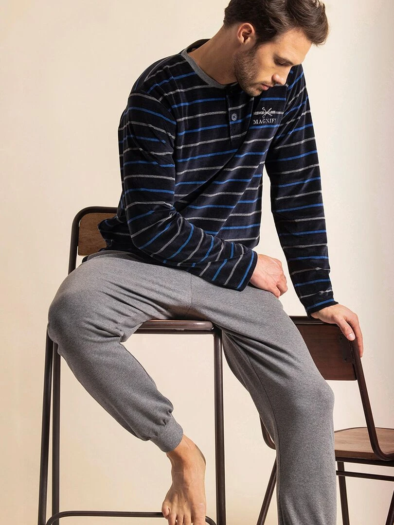 Pyjama pantalon et haut Velour Blues   Bleu marine