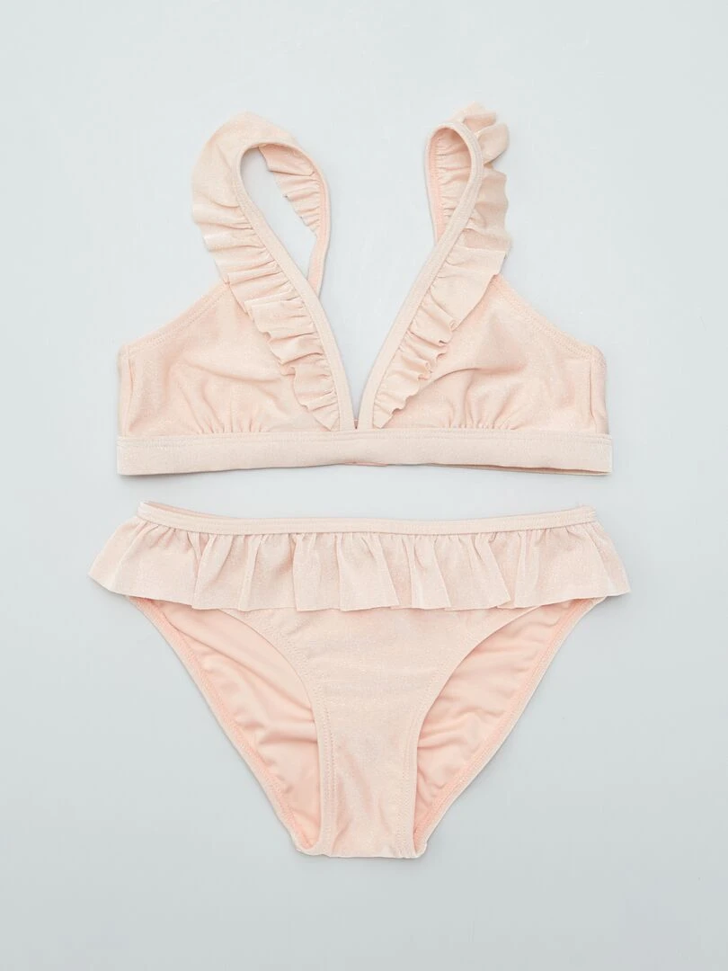 Maillot de bain pailleté à volants 2 pièces Saumon