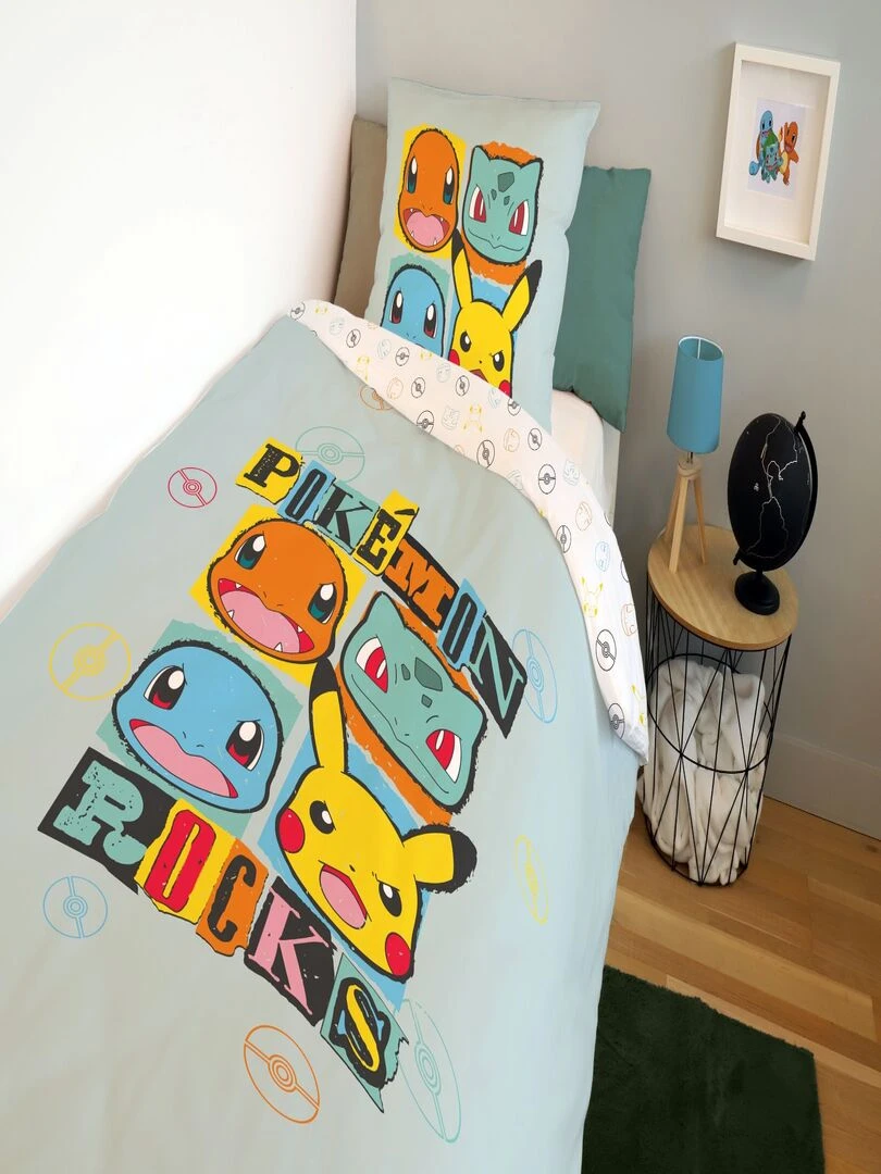 Housse de couette Pokemon Pikachu Rocks 140x200 cm   100% Coton   Vert d'eau
