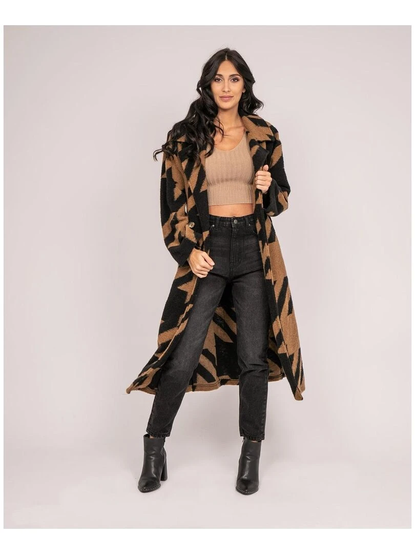 Manteau long pied de poule URIO Marron caramel