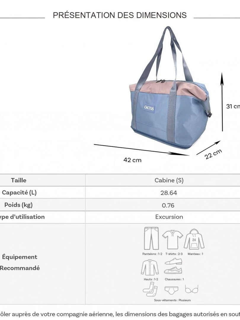 Sac de voyage week end 28L déperlant sans roulettes   Bleu