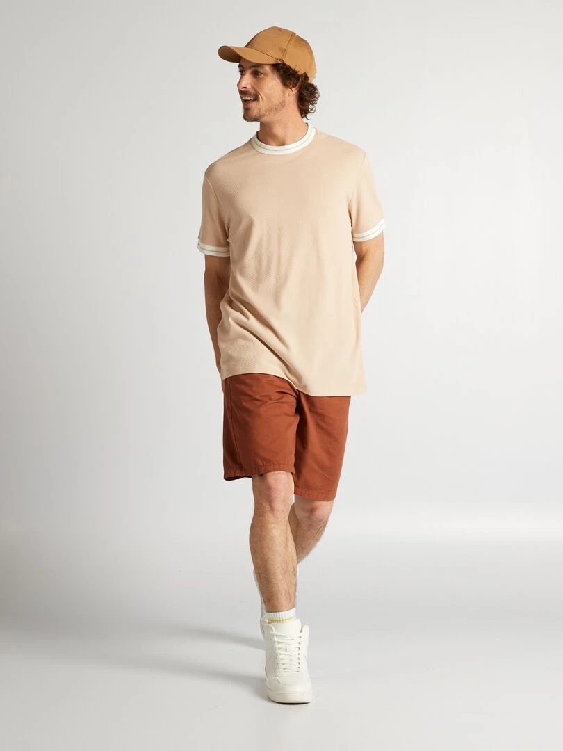 T shirt texturé à liserés contrastants Beige