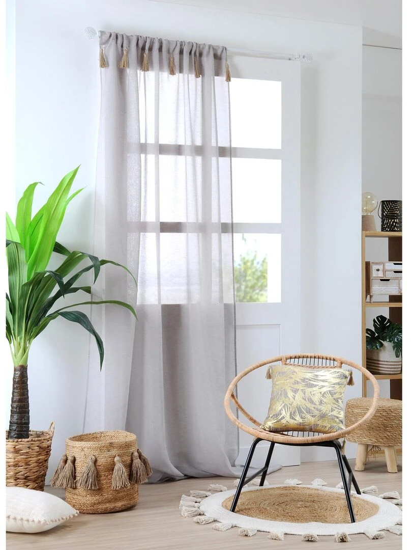 Voilage bohème à pompons en jute Beige