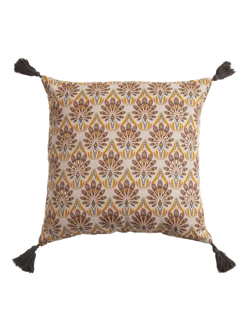 Coussin en coton et à pompons PEACOCK 'Deko&co' Blanc Marron