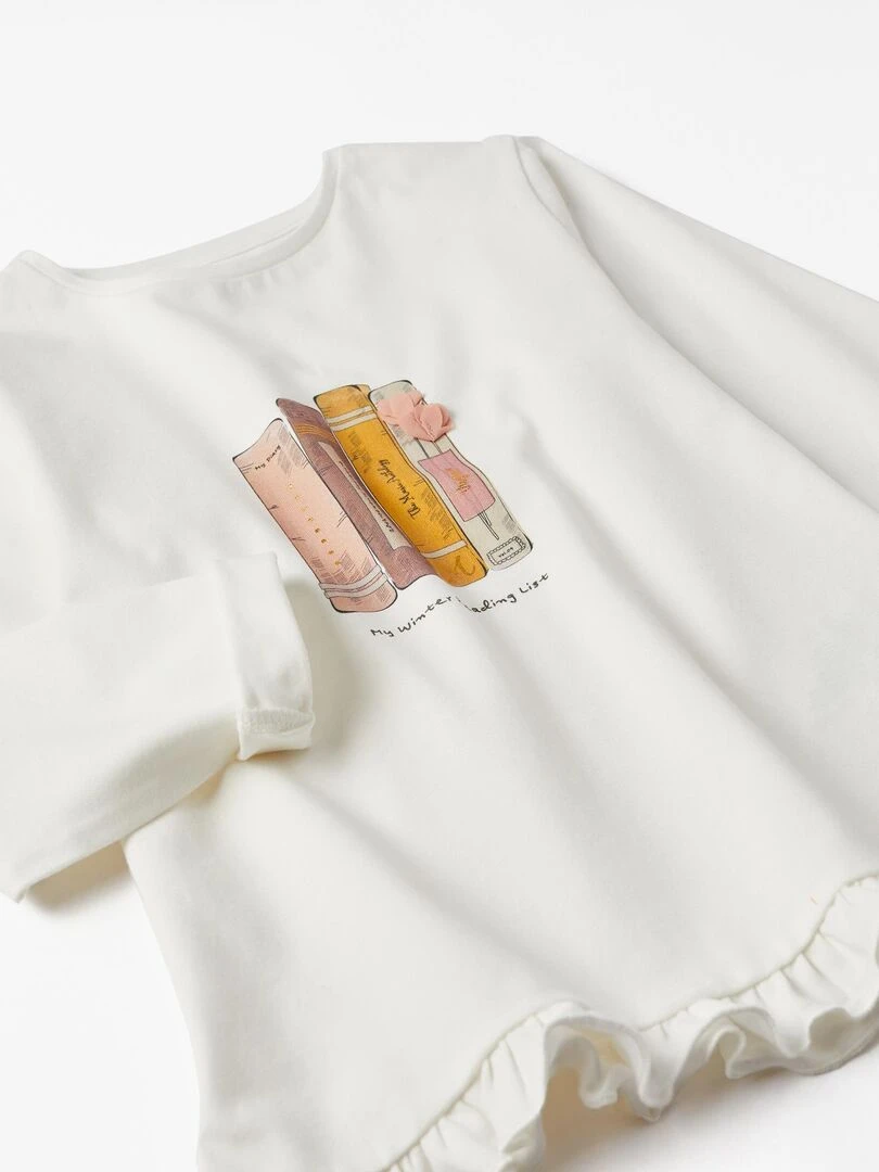 T shirt à manches longues en jersey de coton pour fille manches longues LITERATURE CLUB   Blanc