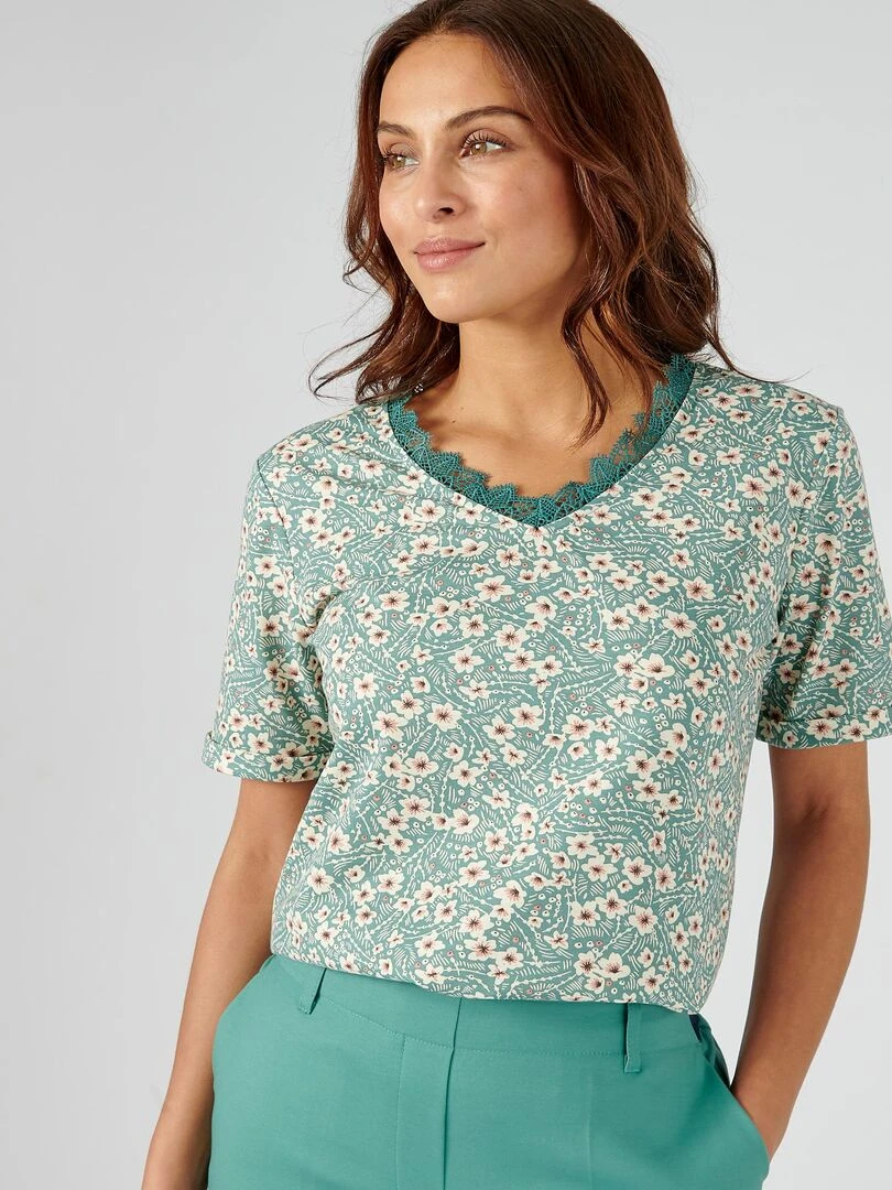 Tee shirt imprimé détails dentelle Damart Vert