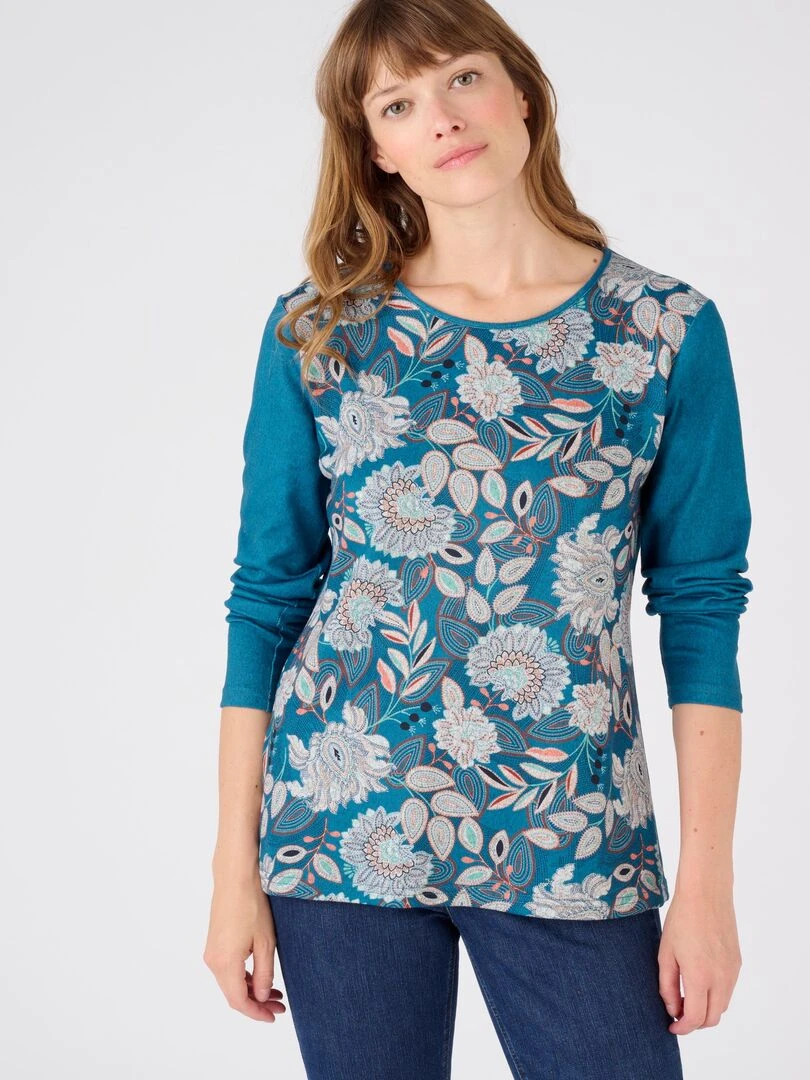 Tee shirt maille chaude fleuri Damart Vert
