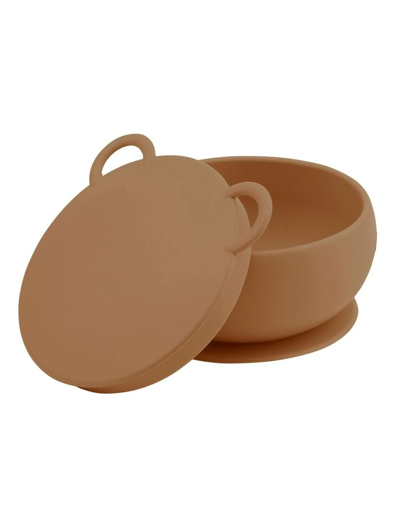 Bol bébé avec ventouse et couvercle en silicone Marron caramel