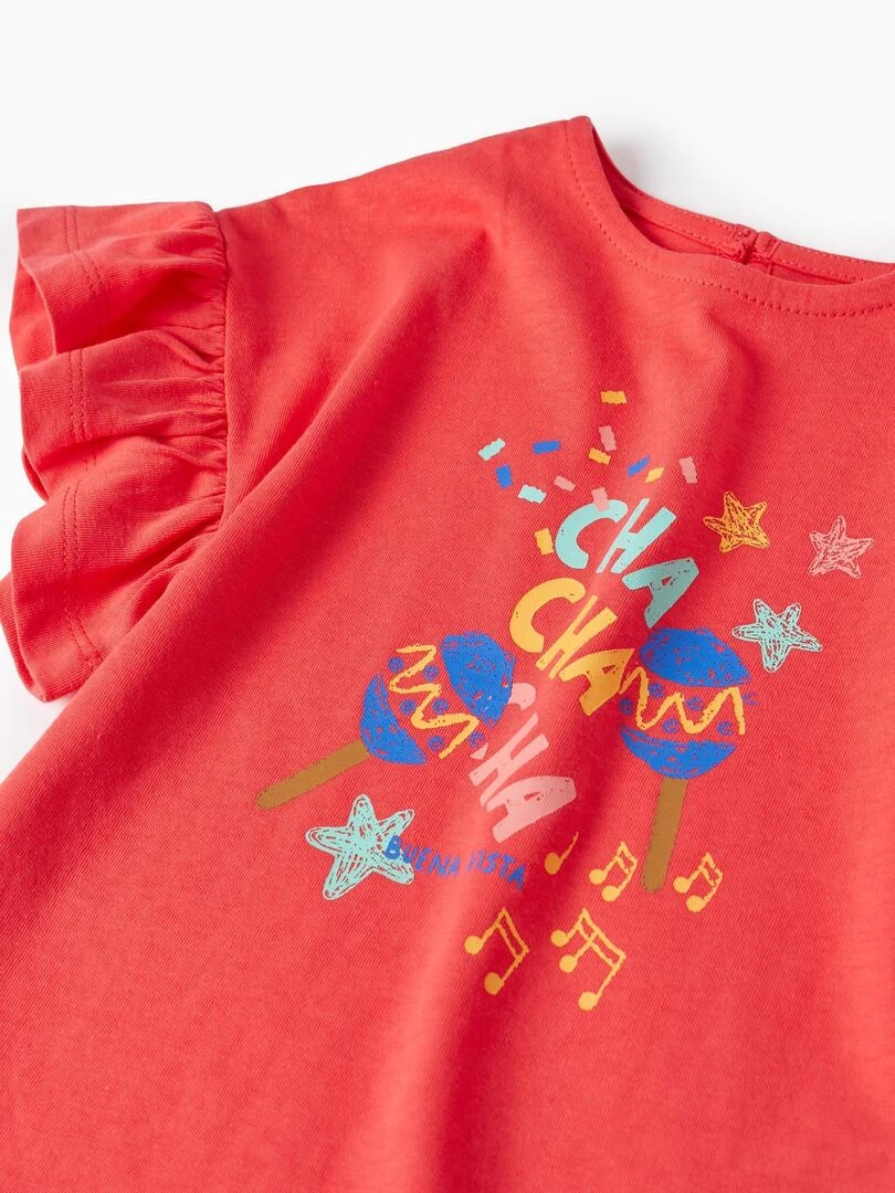T Shirt en Coton à Volants Bébé Fille 'Cha Cha Cha' manches courtes CUBA   Rose