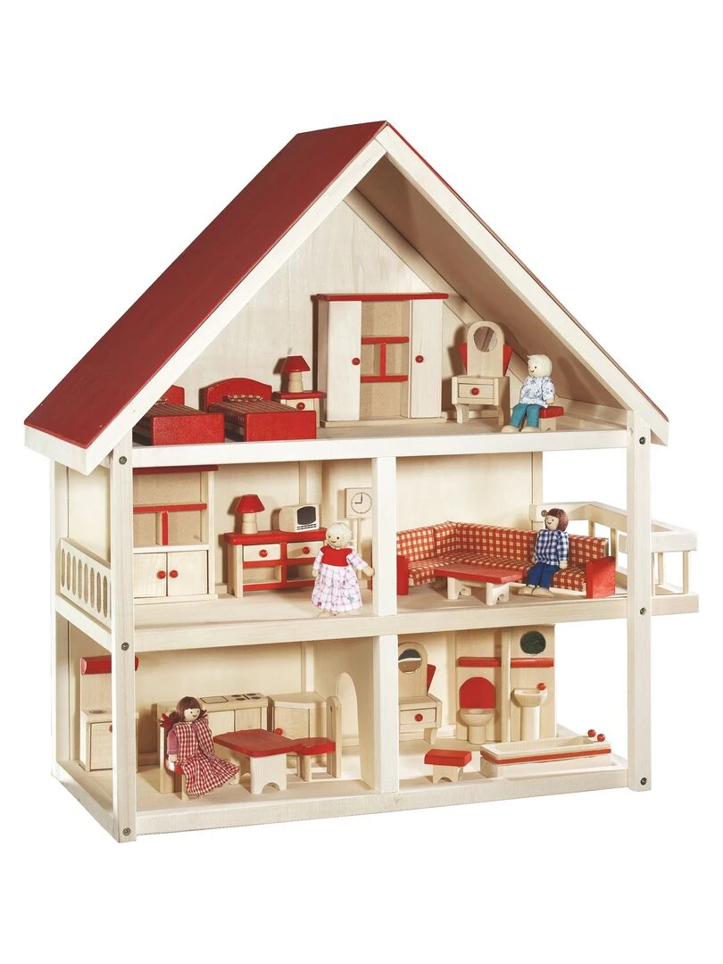 ROBA Maison de poupée + meubles et poupées – bois naturel/rouge N/A