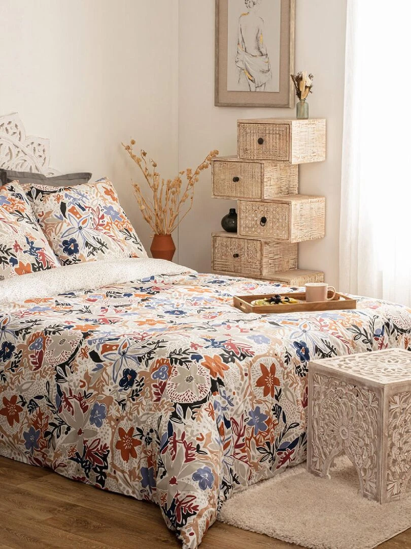 Parure de lit en percale fleurie Beige clair