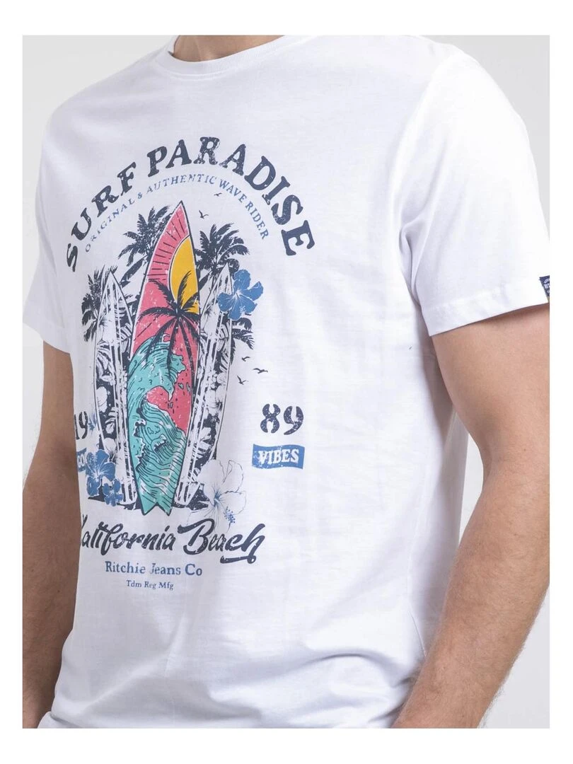 T shirt col rond pur coton NOUKIWI   Blanc