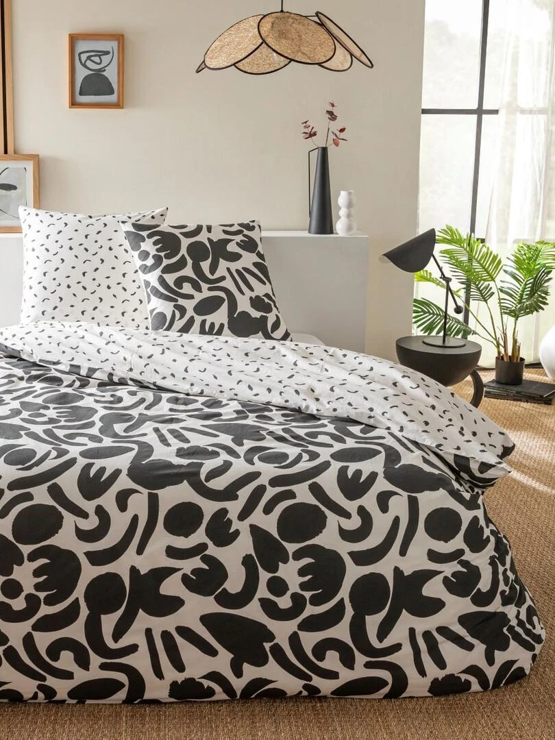 Future Home Parure de lit 2 personnes en coton 57 fils imprimé noir Noir