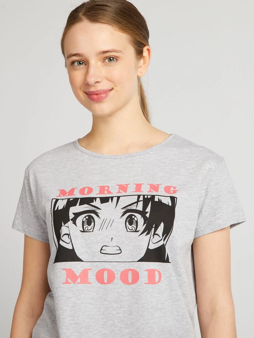 Pyjama court imprimé manga   2 pièces   gris/rose