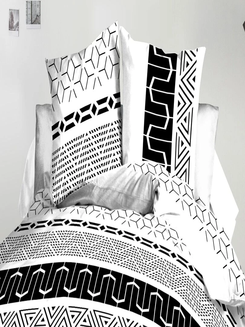 Parure Drap plat + drap housse 140x190 + 2 Taies Microfibre   Entretien Facile   Graphic   Noir Blanc