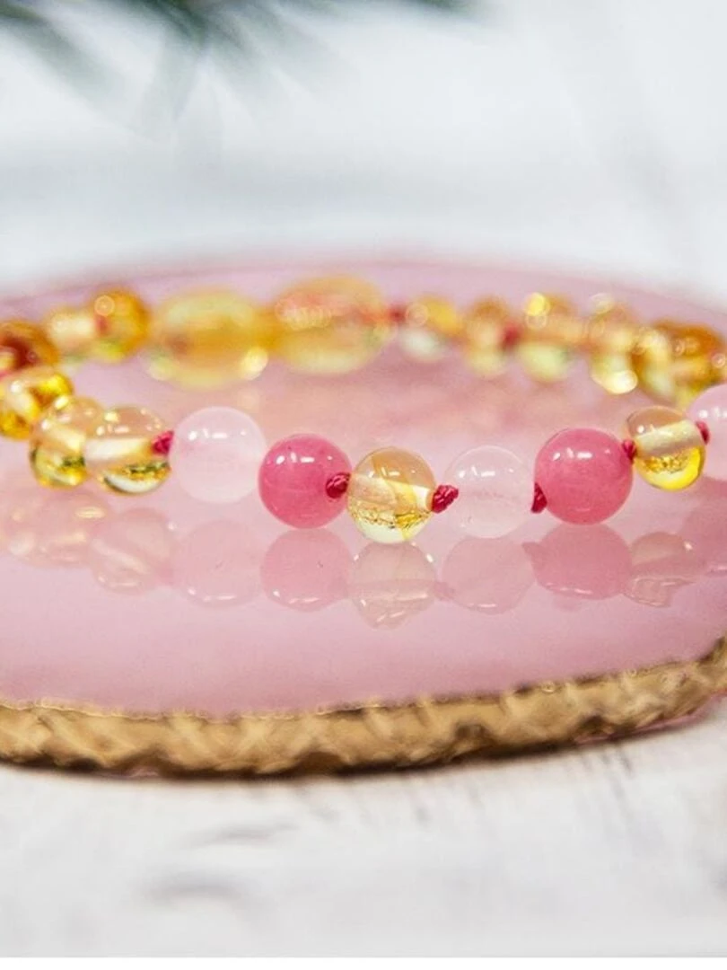 Bracelet bébé Ambre et pierres naturelles Ambre Lemon / Quartz rose / Calcédoine Rose