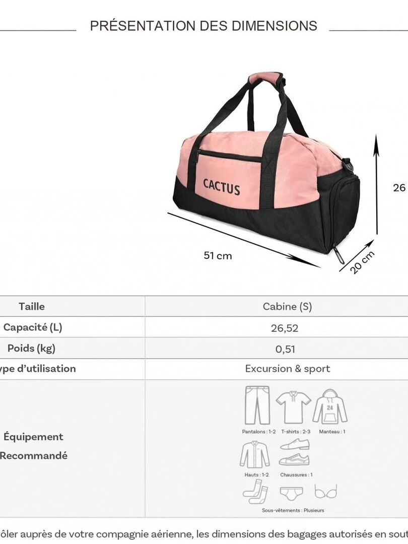 Sac de voyage week end 26L et sport sans roulettes Rose