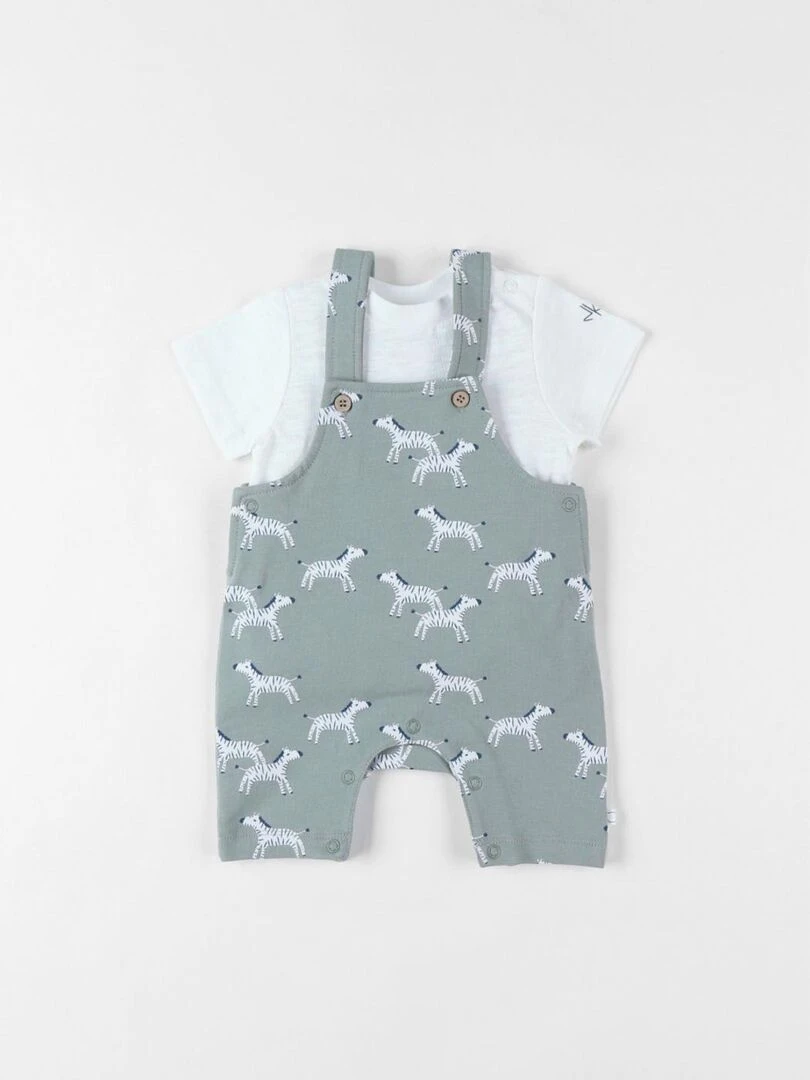 Set salopette zèbres + t shirt  écru/eucalyptus   Noukie's   Vert