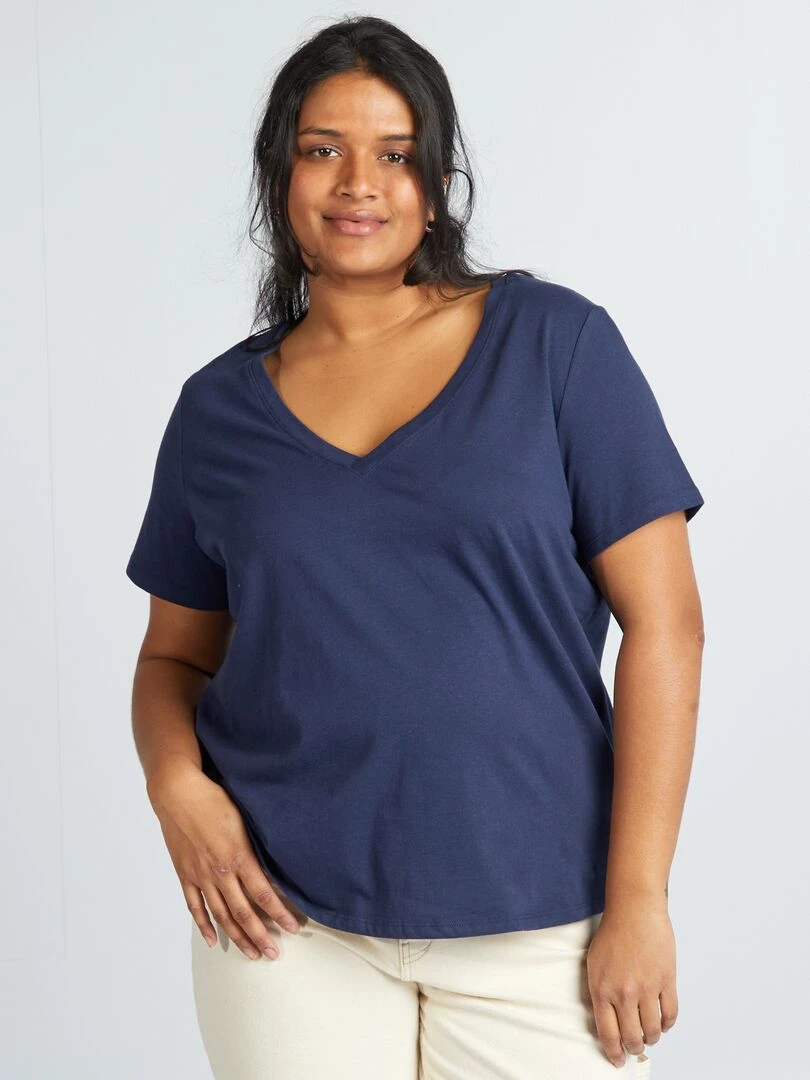 T shirt en jersey à col V   bleu noir