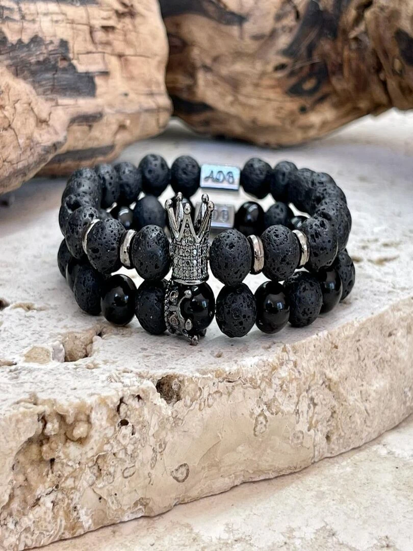Bracelet couple REY en pierre de lave Noir