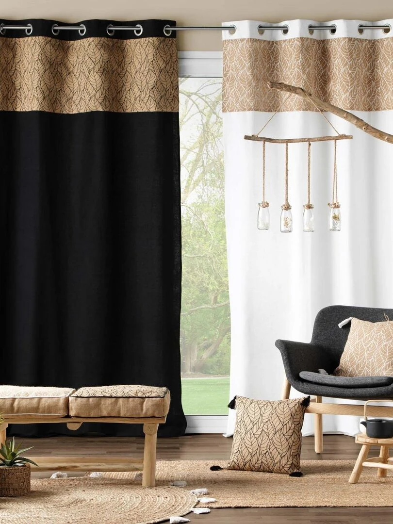 Coussin déhoussable en jute imprimé feuilles   Noir