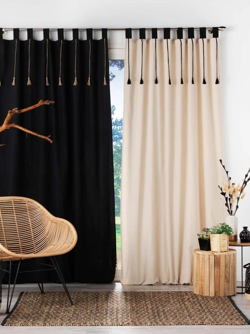 Rideau à passants et pompons   Beige