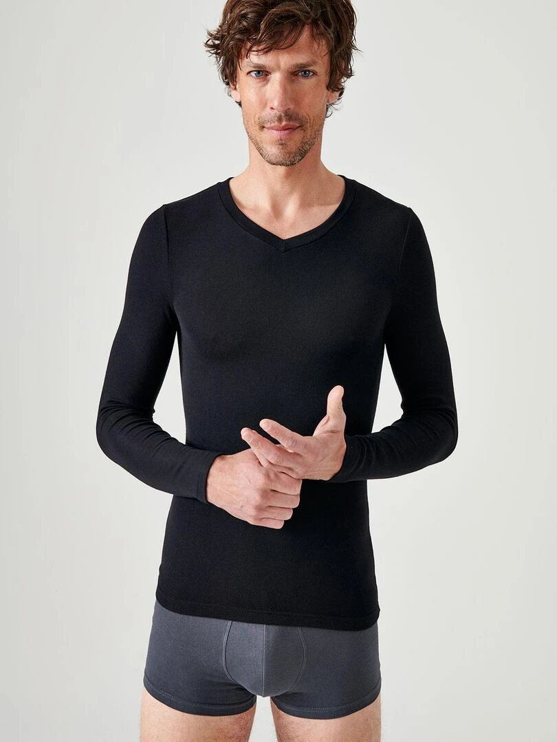 T shirt col V manches longues fine côte Thermolactyl Sensitive Damart Noir