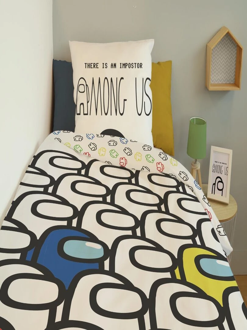 Housse de couette Among Us Crewmates 140x200 cm et taie d'oreiller   100% Coton   Blanc