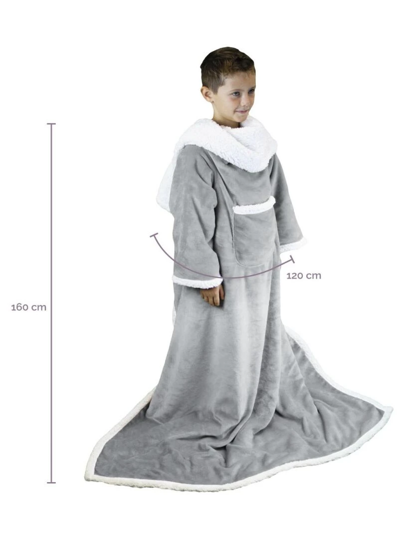 Couverture polaire plaid intégral avec manches et poche Sherpa et flanelle Vivezen Gris