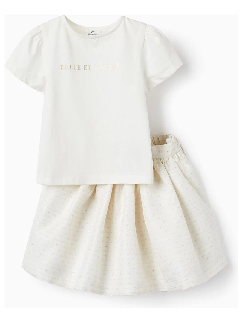 T shirt + Jupe pour Fille 'Belle et Unique' CÉRÉMONIE Blanc