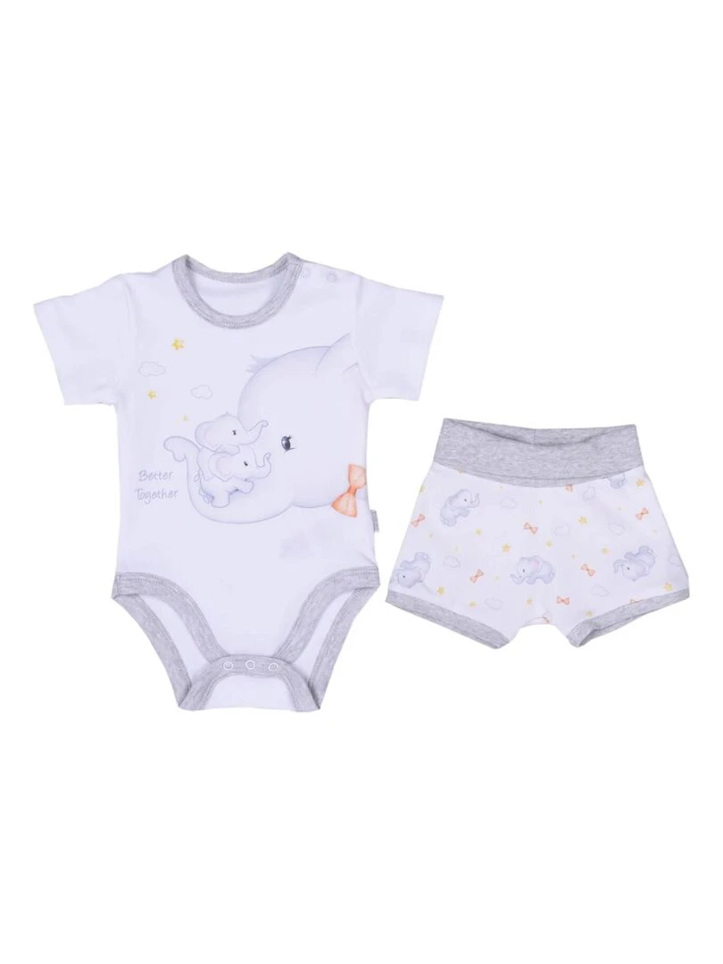 Ensemble bébé body et shorty Éléphant Blanc