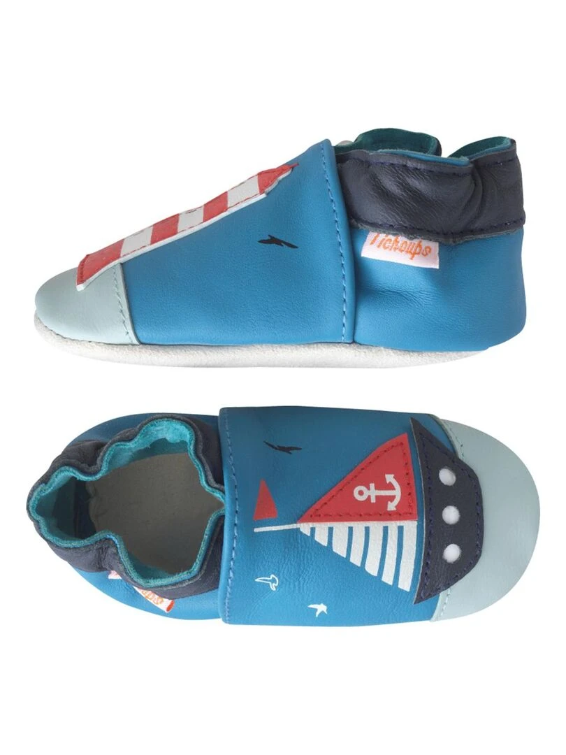 Chaussons bébé cuir souple Mathéo sur l'eau Bleu Bleu