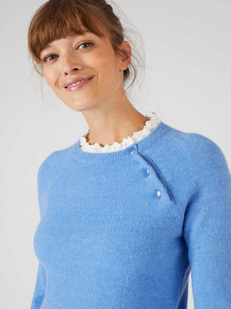 Pull mélange alpaga col broderie anglaise Damart Bleu