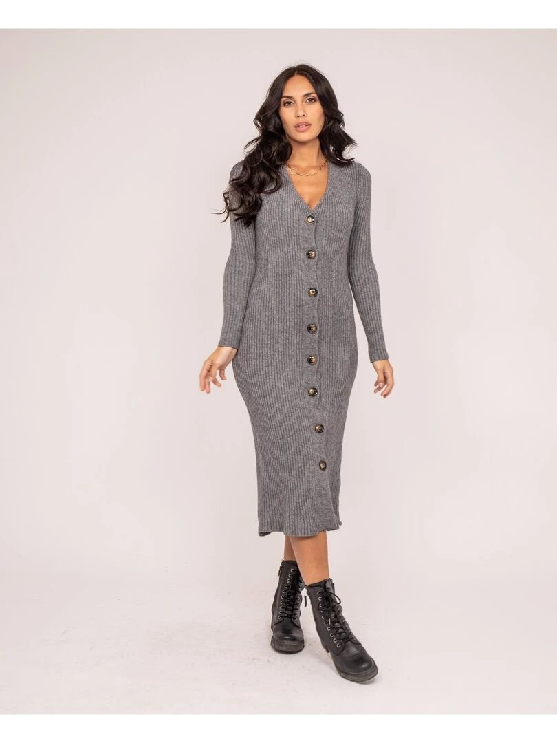 Robe longue maille côtelée IVERNY Gris chiné