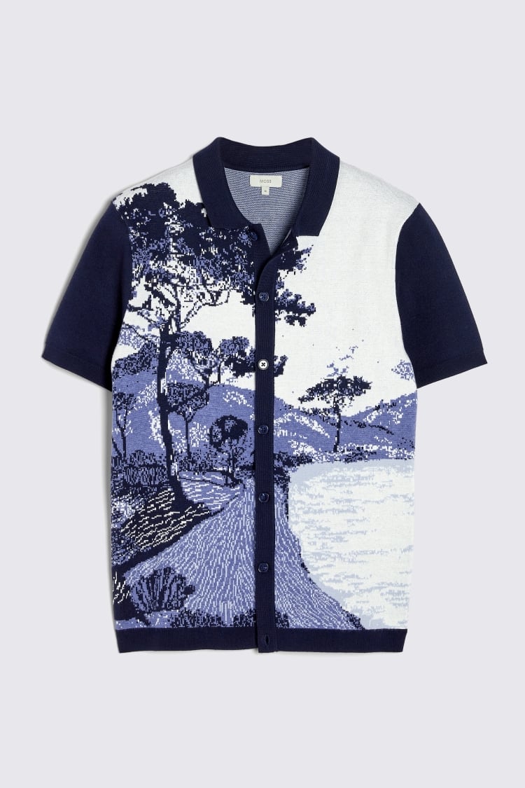 Blue Landscape Jacquard Knitted Cuban Shirt   Buy Online at Moss