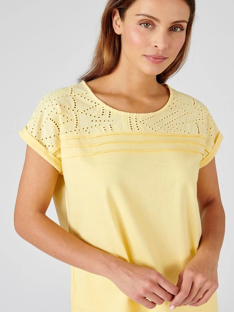 Tee shirt détails broderie anglaise   Damart   Jaune pâle