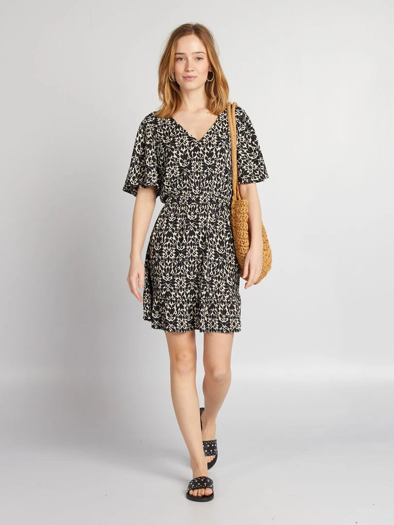 Robe courte imprimée à volant Noir imprimé