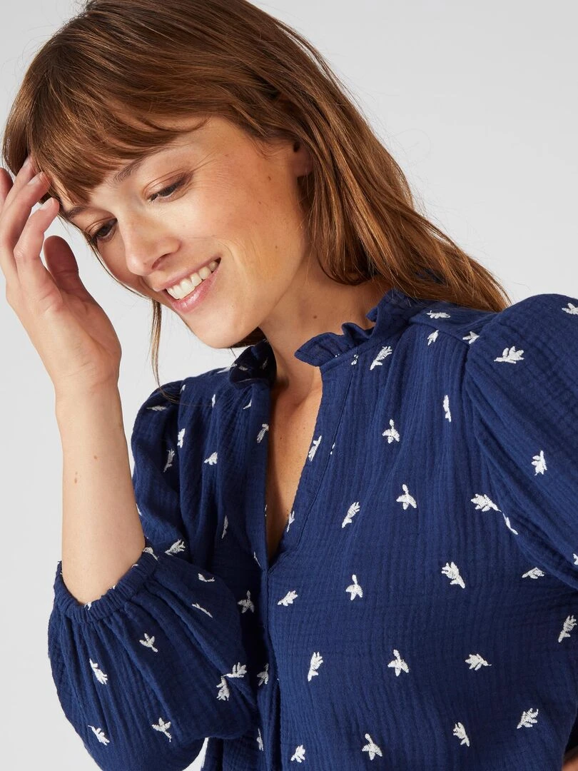Blouse gaze de coton brodée Damart Bleu marine