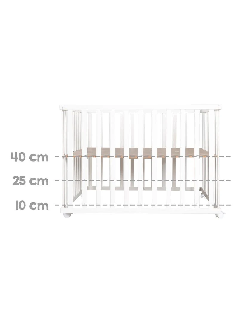 ROBA Parc Bébé Carré en Bois "Adam & Eule" + Tapis de Parc et Roues à Freins   Blanc   Blanc