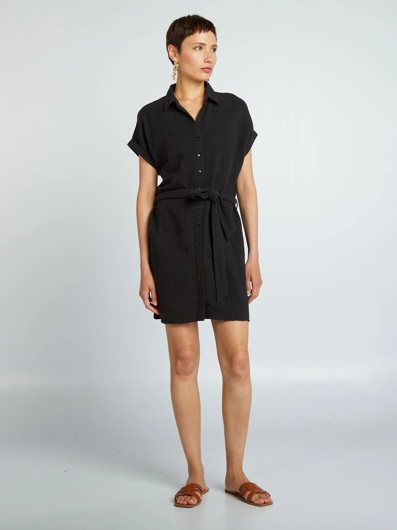 Robe courte forme chemise en double gaze de coton noir