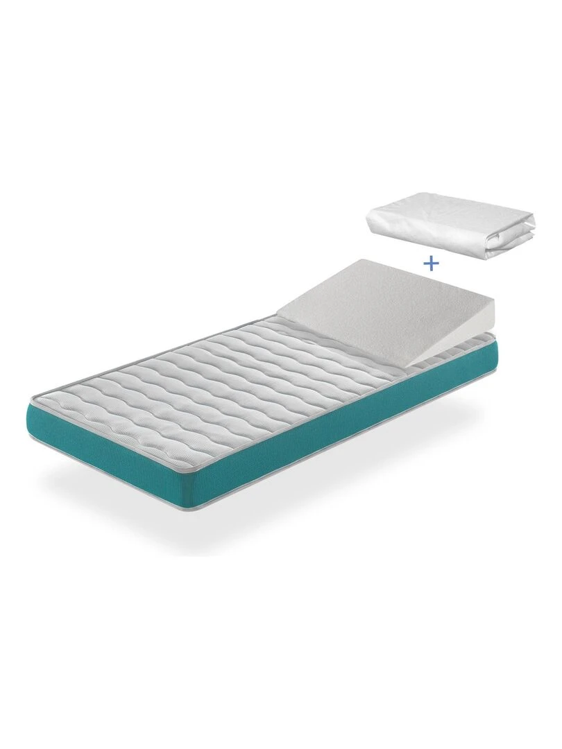 Pack matelas EKOZEN 67x137 epaisseur 11 cm + plan incline 15º + protege matelas 67x137 cm Blanc Vert