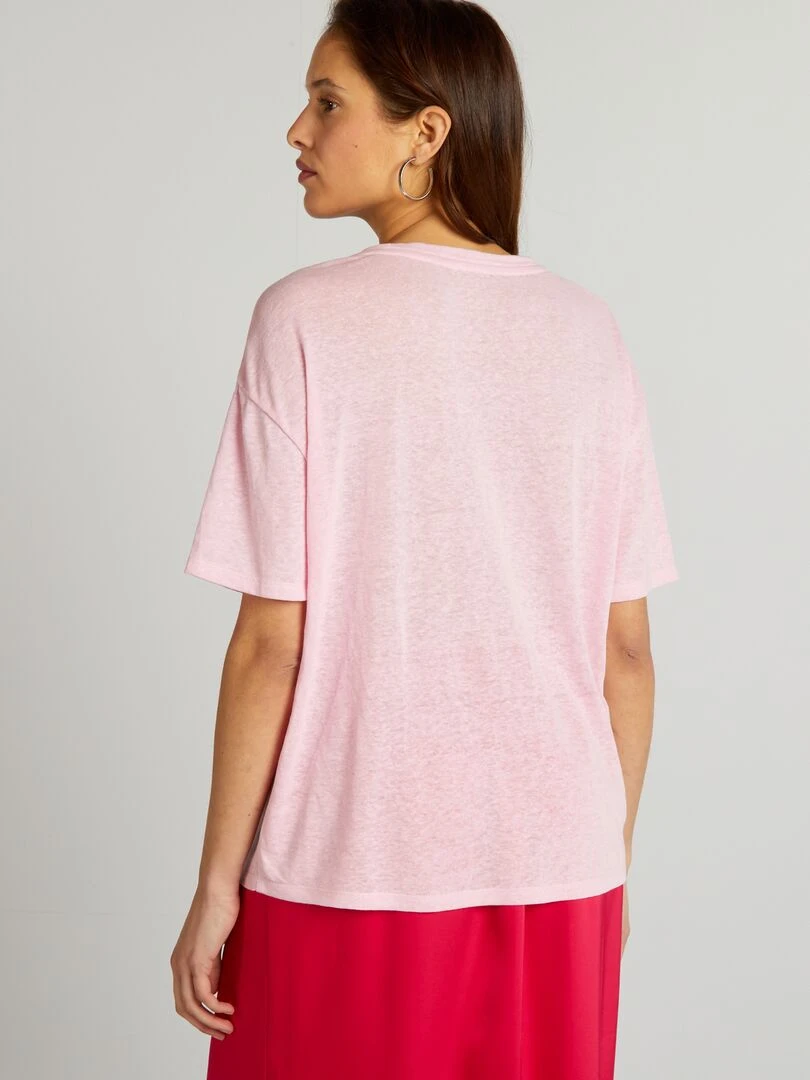 T shirt à col V avec lin   Rose