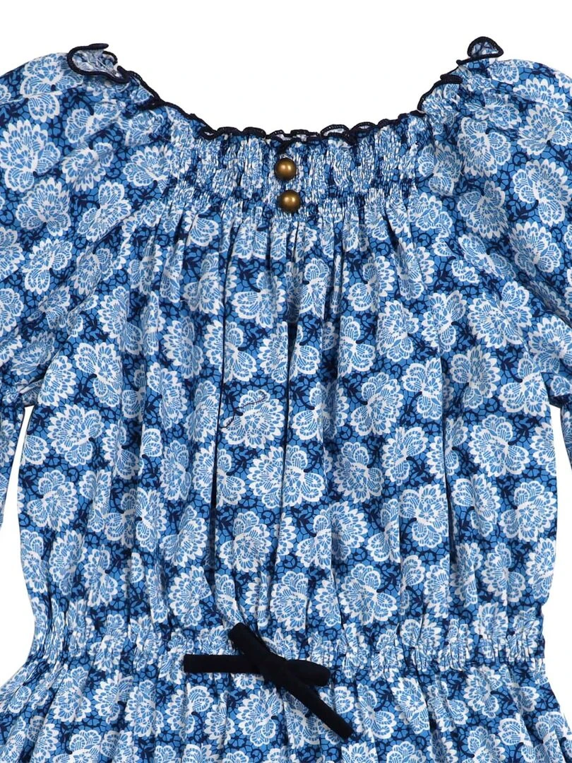 Robe Intersaison Fleurie  Roi  Fille  Col Smocks  CHIMENE   'LA FAUTE A VOLTAIRE'   Bleu Blanc Bleu