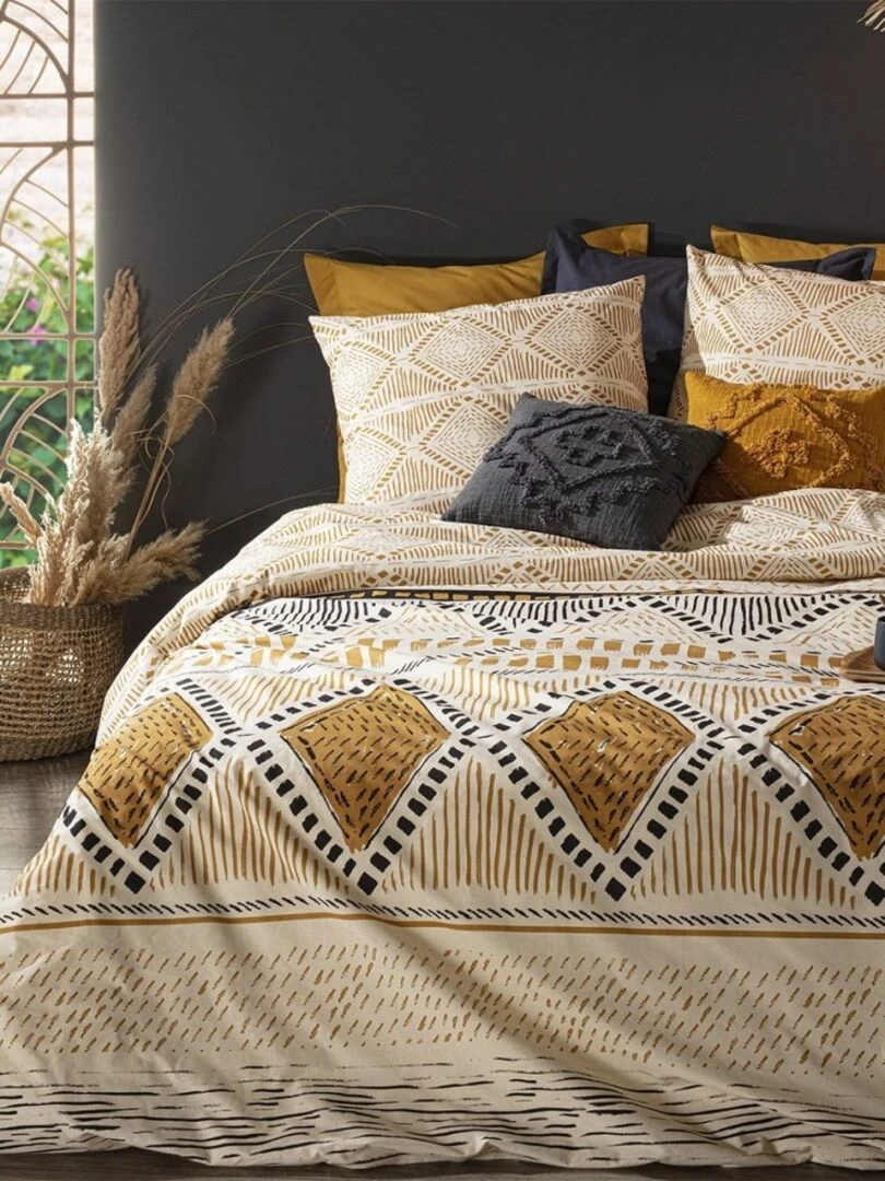Housse de couette 260x240 Ray Kilim + 2 taies 100% coton 57 fils Jaune