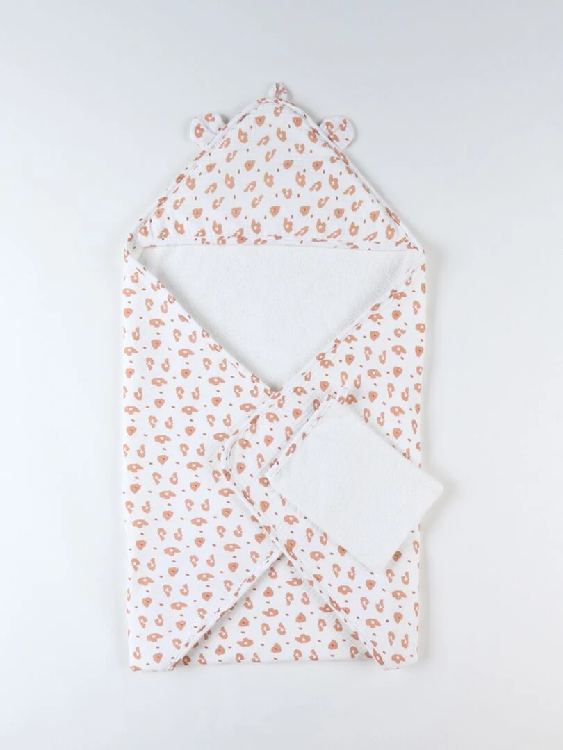 Set de bain léopard en éponge et mousseline  écru/terracotta   Blanc