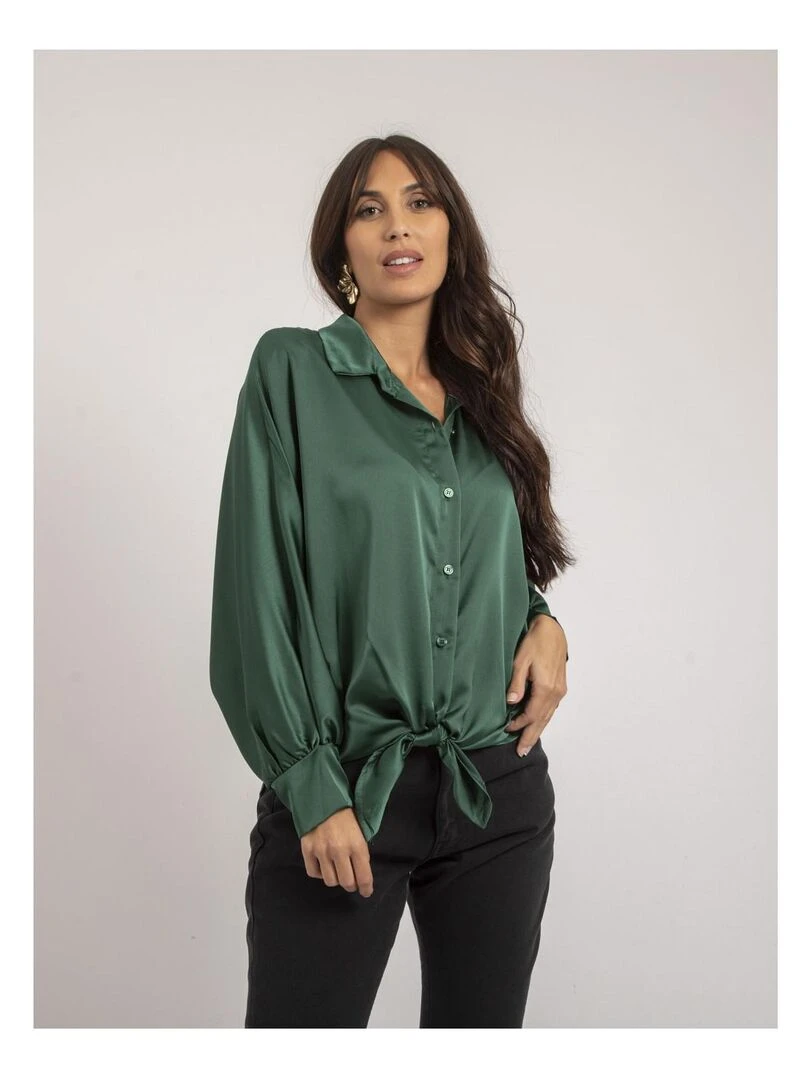 Chemise satin à nouer OBANA Vert forêt